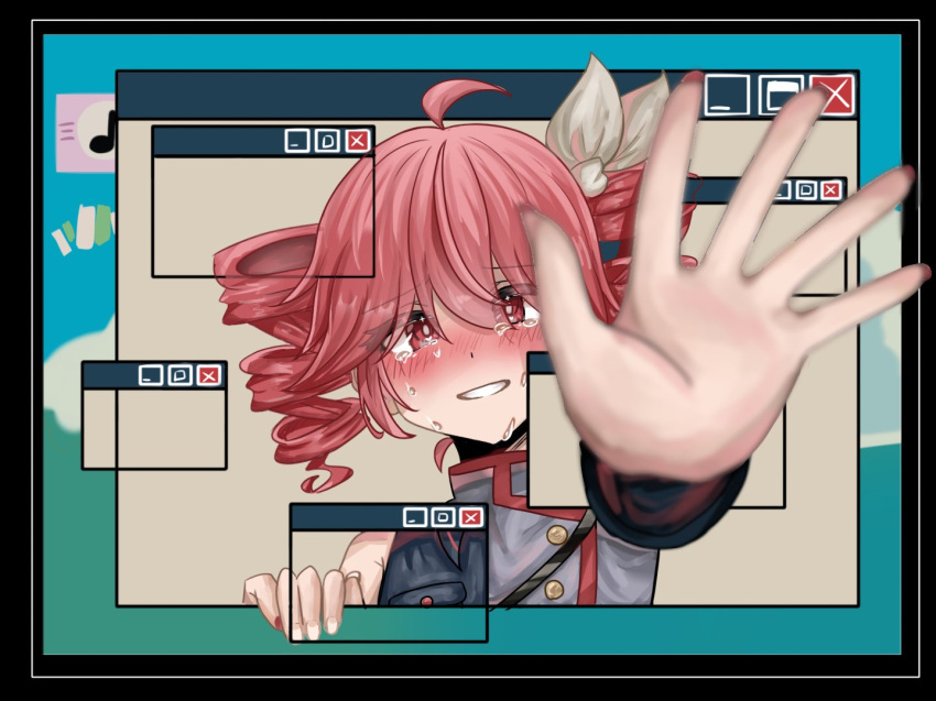 1girl, ahoge, black_shirt, blue_background, blush, bow, buttons, crying, denpa_suru_ai_(synthesizer_v), drill_hair, green_background, grey_jacket, hair_bow, jacket, kasane_teto, kasane_teto_(sv), microsoft_windows, red_eyes, red_trim, redhead, shiraru0227, shirt, shoulder_belt, smile, synthesizer_v, teeth, twin_drills, twintails, utau, white_background, white_bow, window_(computing), windows_xp