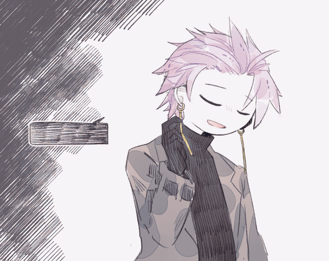 1boy, black_gloves, black_sweater, closed_eyes, coat, colored_skin, commentary_request, earrings