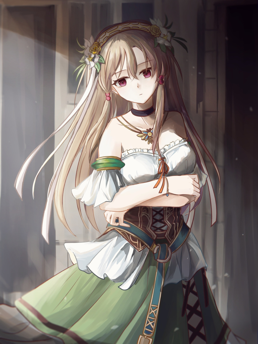 1girl, aiyoku_no_eustia, bare_shoulders, boombi, bracelet, breasts, brown_hair, closed_mouth