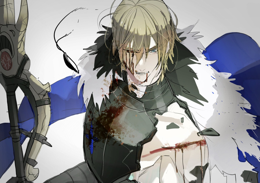 1boy, areadbhar_(fire_emblem), armor, battle_damage, black_armor, black_fur, blonde_hair, blood