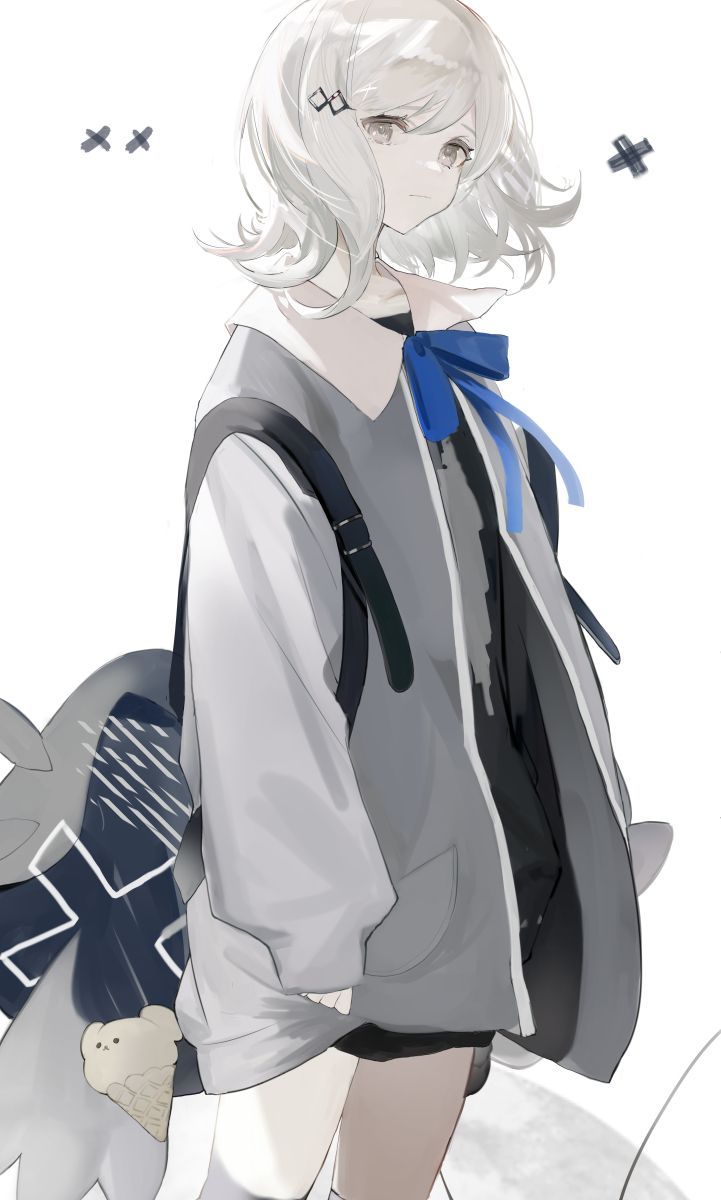 1girl, backpack, bad_id, bad_pixiv_id, bag, blue_ribbon, closed_mouth, cowboy_shot, flat_chest, forever_7th_capital, grey_eyes, grey_hair, grey_jacket, hair_ornament, hairclip, headphones, highres, jacket, long_sleeves, looking_at_viewer, neck_ribbon, ribbon, rrrr_222, seraphim_(forever_7th_capital), short_hair, standing, white_background