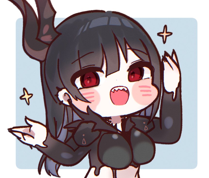 1girl, arm_up, behemoth_(nikke), black_hair, blue_background, blunt_bangs, blush, border, breasts, chibi, colored_inner_hair, ear_piercing, english_commentary, goddess_of_victory:_nikke, horns, large_breasts, long_bangs, long_hair, looking_at_viewer, midriff, mming_(mmingis18), multicolored_hair, open_mouth, piercing, red_eyes, sharp_teeth, solo, sparkle, teeth, upper_teeth_only, white_border