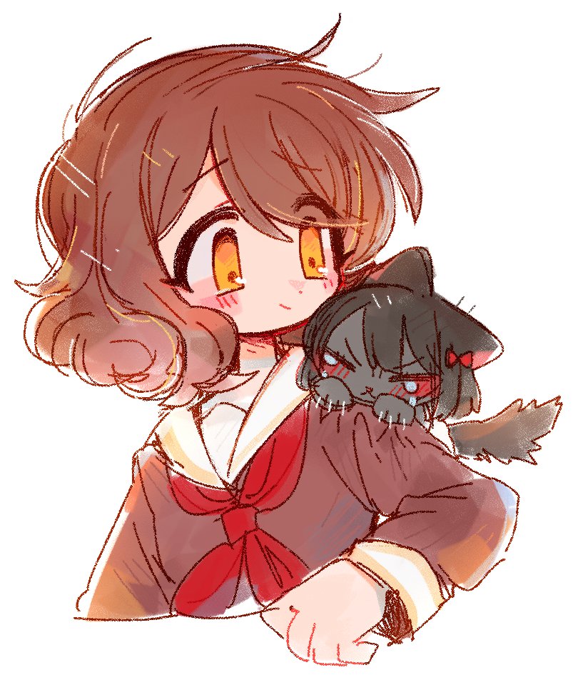 animal_ears, blush, brown_eyes, brown_hair, brown_shirt, cat, cat_ears, cat_tail, closed_mouth, furrification, furry, hibike!_euphonium, hisaishi_kanade, kitauji_high_school_uniform, long_sleeves, looking_at_another, neckerchief, oumae_kumiko, rapop, red_neckerchief, sailor_collar, school_uniform, serafuku, shirt, short_hair, smile, tail, white_sailor_collar