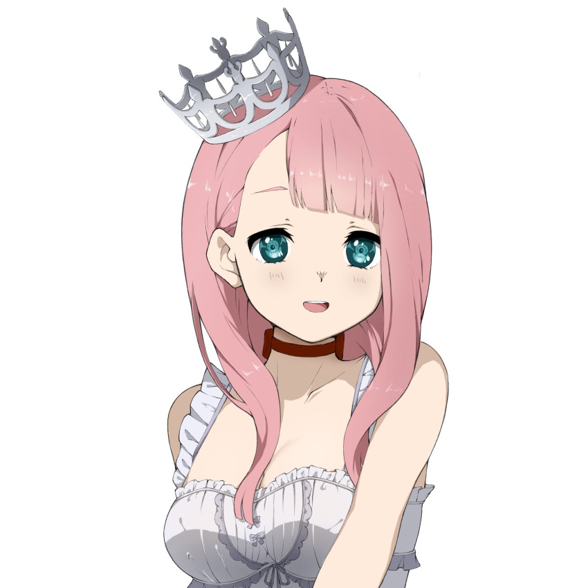 1girl, 22/7, :d, blunt_bangs, choker, collarbone, crown, dress, frilled_dress, frills, green_eyes, highres, kamiki_mikami, looking_at_viewer, morinomiya_ruri, open_mouth, portrait, red_choker, simple_background, smile, solo, upper_body, white_background, white_dress