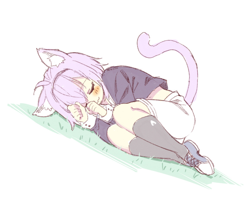 1girl, :3, ahoge, animal_ear_fluff, animal_ears, black_socks, blush, cat_ears