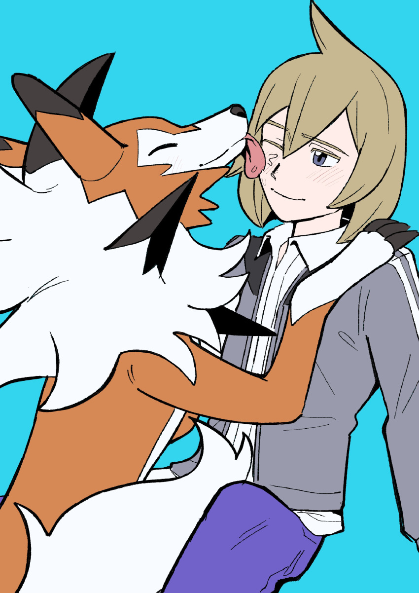 1boy, absurdres, blonde_hair, blue_background, claws, grey_eyes, highres, licking, licking_another's_face, light_blush, lycanroc, lycanroc_(dusk), male_focus, one_eye_closed, pants, papurikagakusyu, paulo_(pokemon), pokemon, pokemon_(creature), pokemon_masters_ex, purple_pants, simple_background, tongue