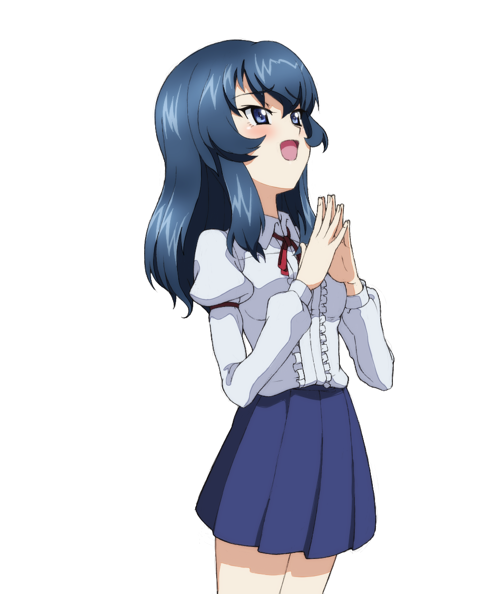 1girl, arm_garter, blue_eyes, blue_hair, blue_skirt, commission, cowboy_shot, dress_shirt