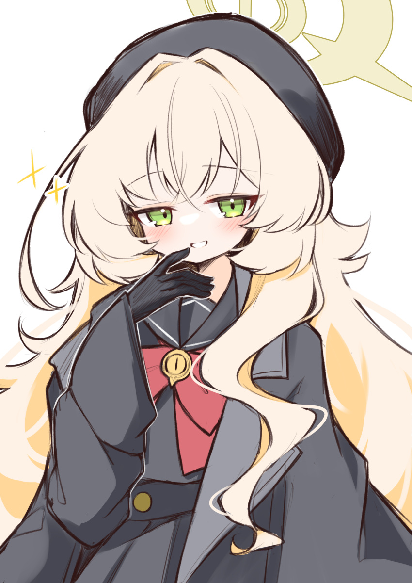 1girl, :d, absurdres, arm_at_side, beret, black_gloves, black_hat, black_jacket