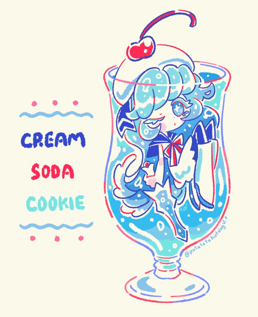 1girl, blue_eyes, blue_hair, blue_pantyhose, blue_sailor_collar, boots, character_name, cookie_run, cream_soda_cookie, cup, dress, floating, glass, hat, highres, liquid_hair, long_hair, looking_at_viewer, one_eye_closed, pantyhose, potatotohotdogv, sailor_collar, simple_background, sitting, solo, very_long_hair, white_background, white_dress, white_footwear, white_hat
