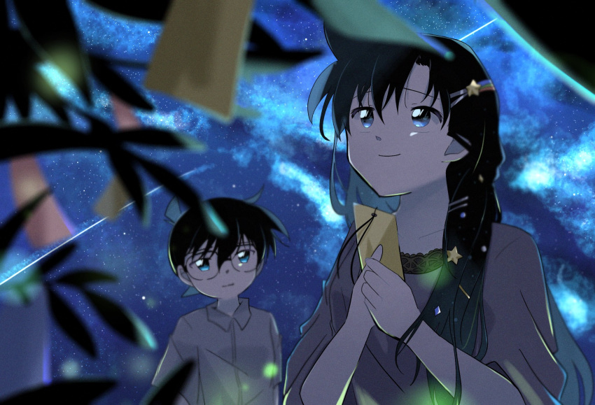 1boy, 1girl, blue_eyes, braid, braided_ponytail, brown_hair, closed_mouth, commentary_request