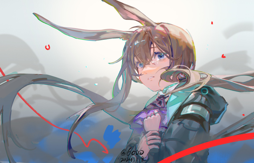 1girl, 2024, absurdres, amiya_(arknights), animal_ears, arknights, crying, crying_with_eyes_open, dated, double-parted_bangs, furrowed_brow, grey_background, hair_between_eyes, highres, holding_own_wrist, long_hair, looking_ahead, luqian_6000, parted_lips, portrait, rabbit_ears, solo, tears, three_quarter_view, very_long_hair, wind
