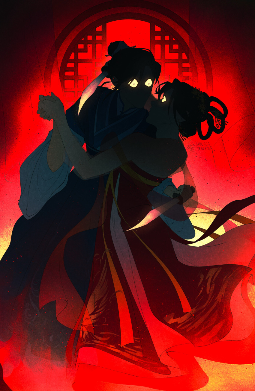 2girls, absurdres, architecture, black_hair, blade_to_throat, blue_hanfu, chinese_clothes, colored_sclera