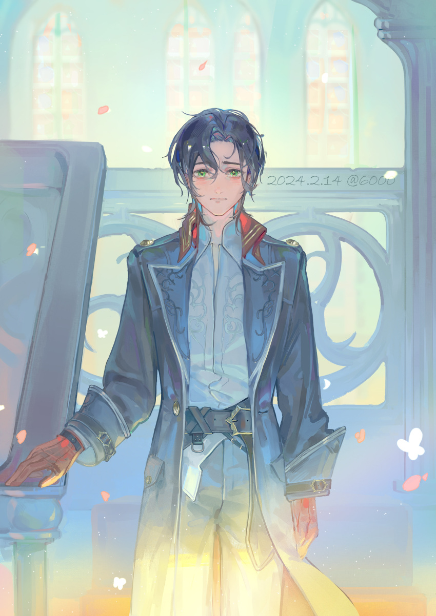 1boy, 2024, absurdres, analogous_colors, arched_window, belt, black_belt, black_hair