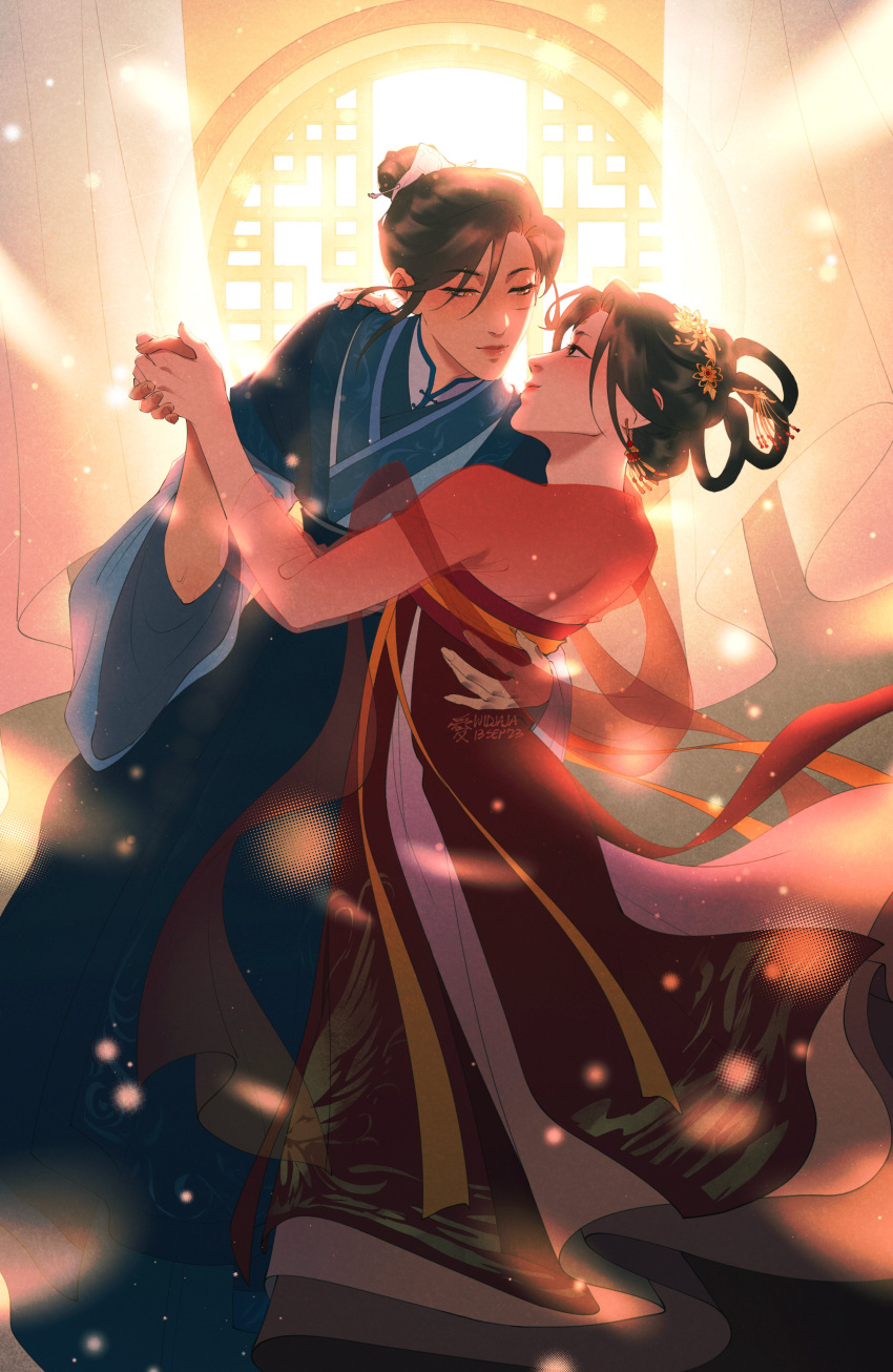2girls, absurdres, architecture, black_hair, blue_hanfu, chinese_clothes, commentary, dancing