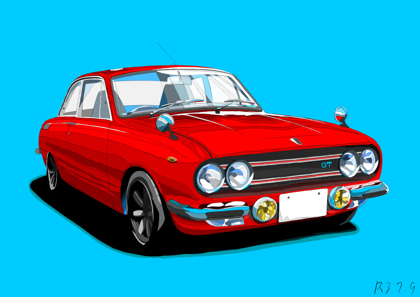 absurdres, blue_background, car, highres, isuzu_bellett, isuzu_motors, license_plate, ma-ra_shinja_4