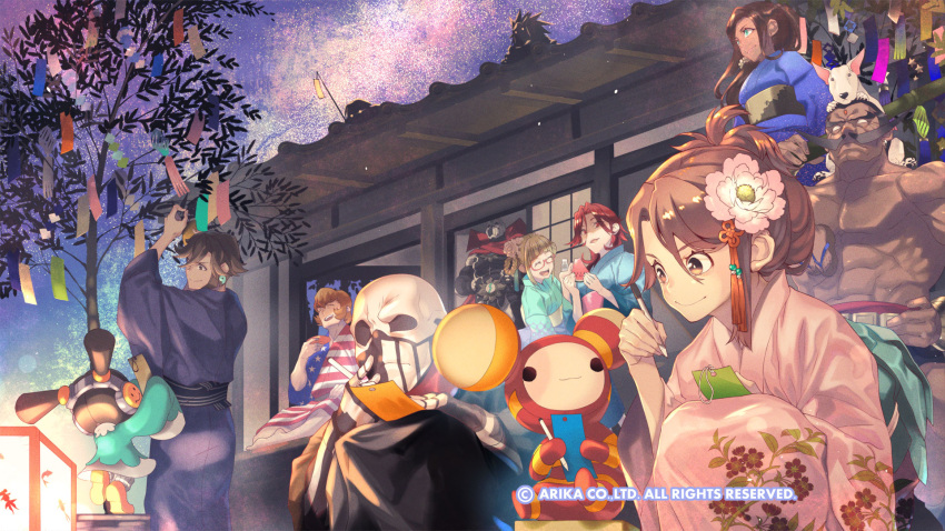 3girls, 5boys, ?, arika, breasts, cellphone, character_request, closed_mouth