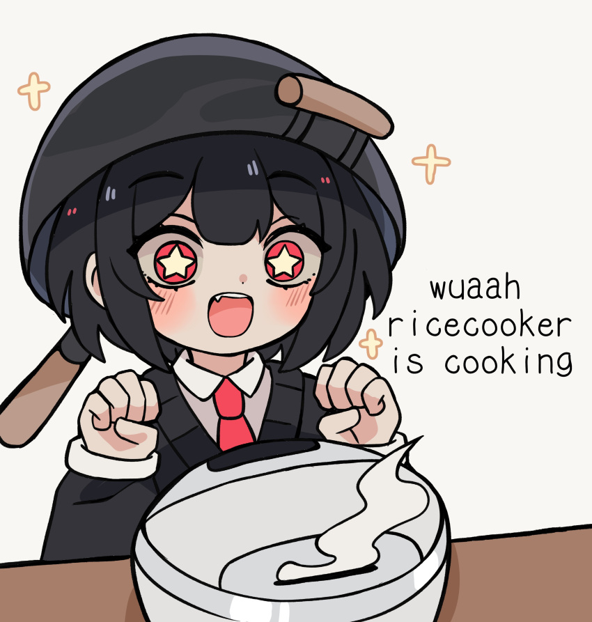 1girl, :d, absurdres, black_hair, black_sweater, blush, bob_cut, close-up, collared_shirt, commentary, curled_fingers, dress_shirt, english_commentary, english_text, excited, fang, hair_between_eyes, hands_up, highres, long_sleeves, looking_at_object, mai_(melonbread), melonbread, open_mouth, original, portrait, pot_on_head, raised_eyebrows, red_eyes, rice_cooker, school_uniform, shirt, short_hair, simple_background, smile, solo, sparkle, star-shaped_pupils, star_(symbol), steam, sweater, symbol-shaped_pupils, table, teeth, upper_body, upper_teeth_only, v-neck, white_background, white_shirt, wok