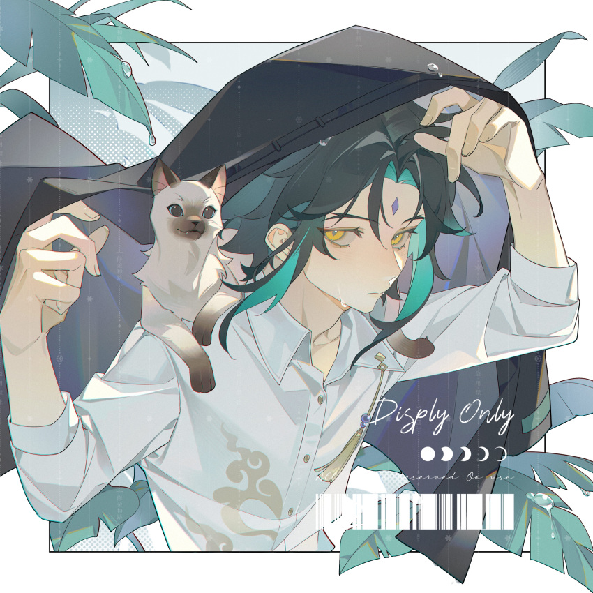1boy, absurdres, alternate_costume, animal, animal_on_shoulder, arm_up, bishounen, black_jacket