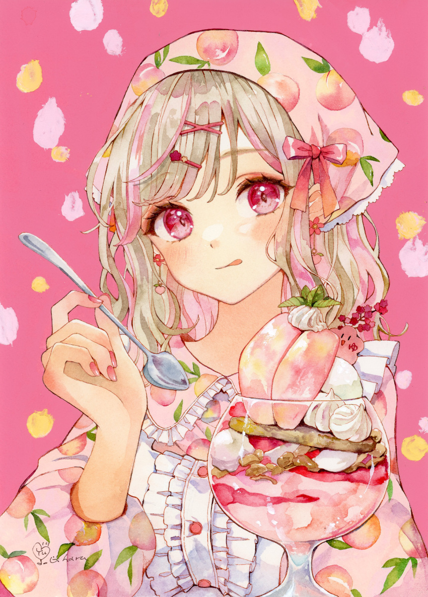 1girl, absurdres, blonde_hair, center_frills, dangle_earrings, earrings, flower_earrings, food