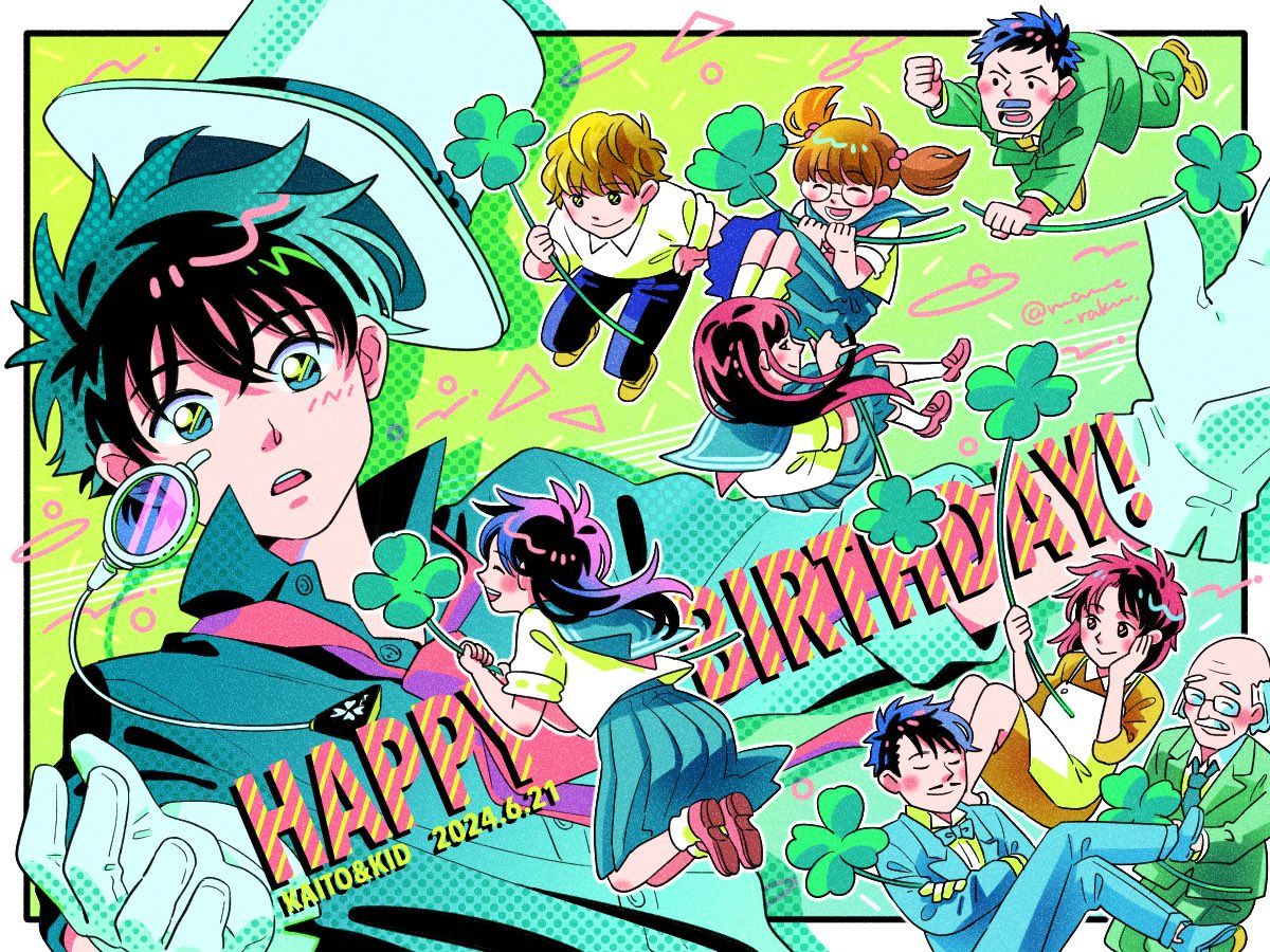 2024, 4girls, 5boys, balding, birthday, black_hair, blonde_hair, blue_eyes