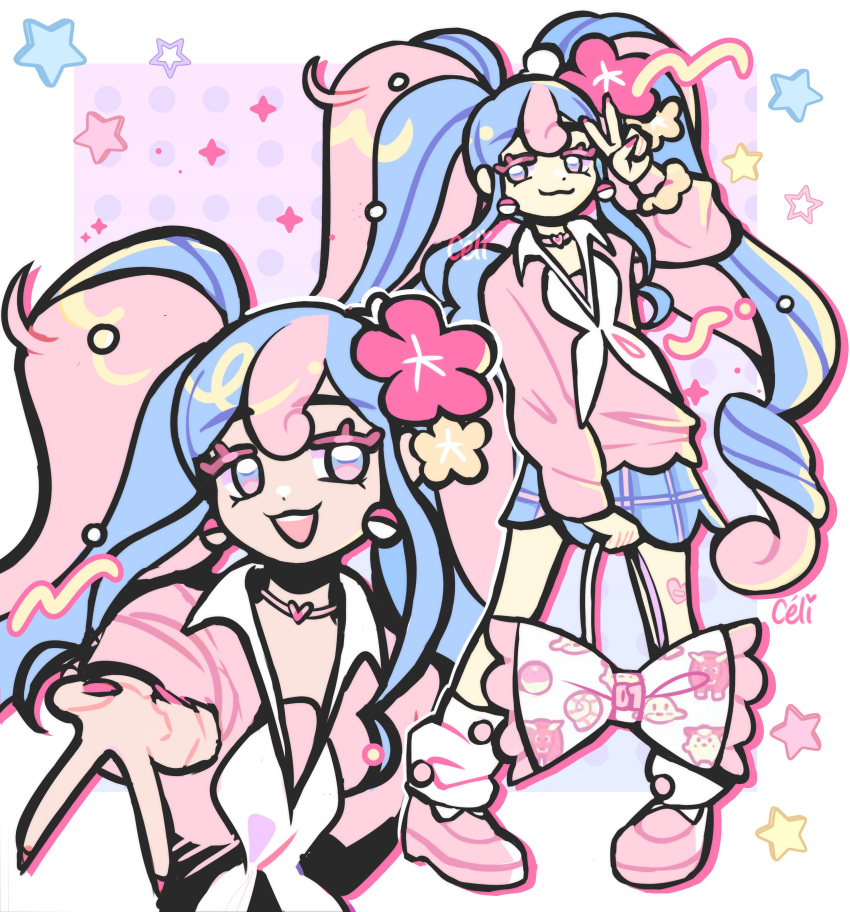 1girl, absurdres, bag, blue_hair, blue_skirt, bull_sprite_(pokemon), choker, clefairy_sprite_(pokemon)