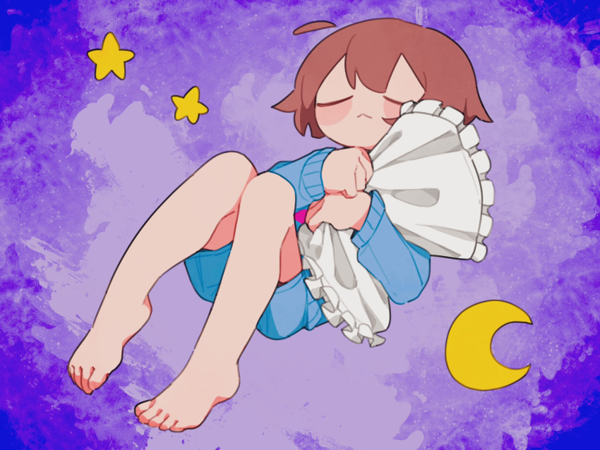 1other, :<, =_=, ahoge, androgynous, barefoot, blue_shorts, blue_sweater