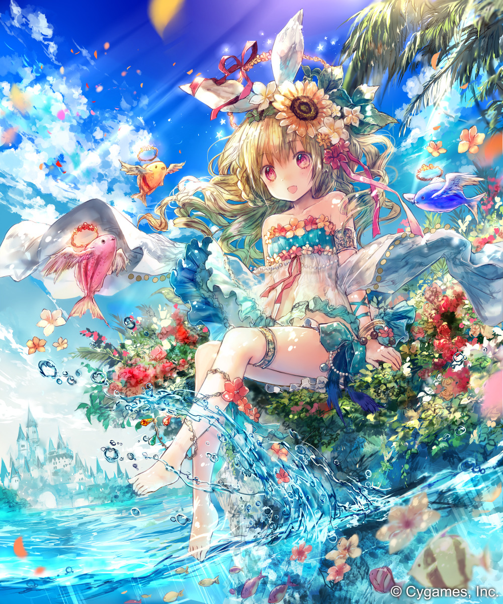 1girl, barefoot, blonde_hair, blue_sky, braid, breasts, castle, commentary
