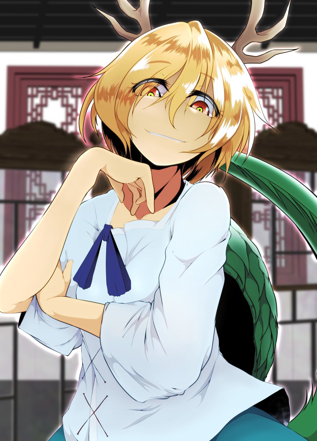 1girl, antlers, blonde_hair, blue_bow, blue_shirt, bow, dragon_girl, dragon_horns