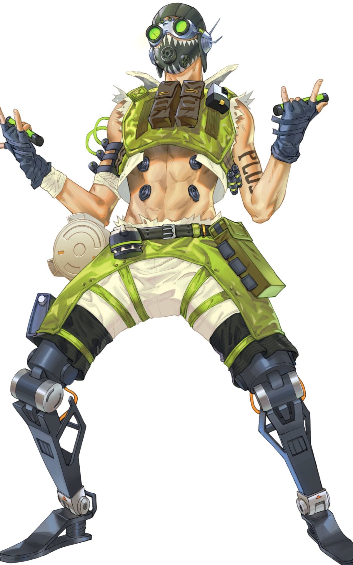 1boy, \m/, abs, apex_legends, aviator_cap, belt, black_belt, black_hat, cable, gentagonal, goggles, hat, highres, holding, leaning_back, male_focus, mask, mechanical_legs, mouth_mask, navel, octane_(apex_legends), shorts, simple_background, solo, white_background, white_shorts