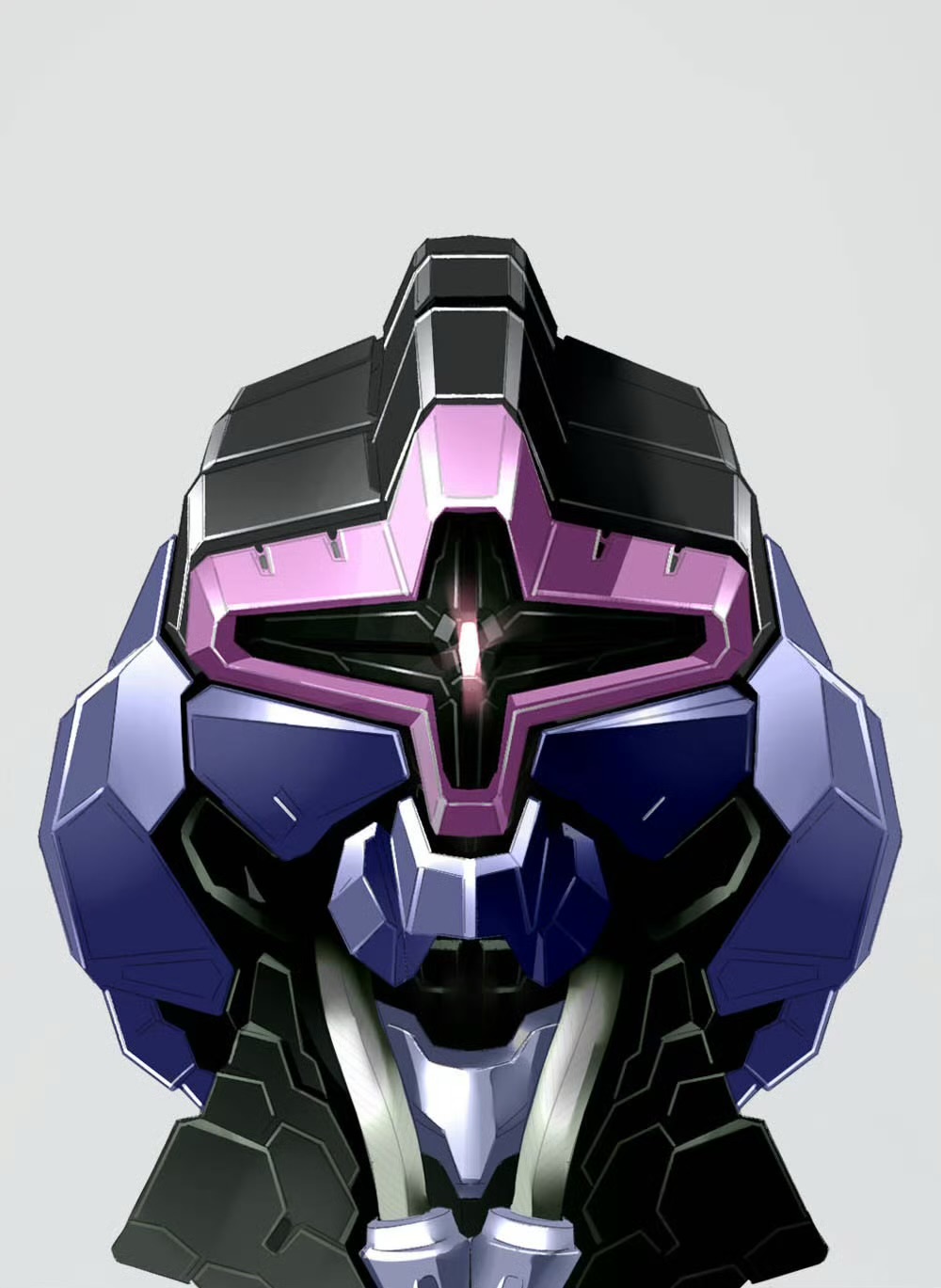 commentary_request, dom_(mobile_suit), glowing, glowing_eye, grey_background, gundam, head_only, highres