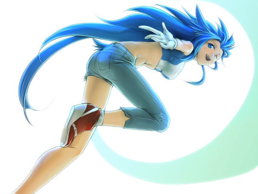 1girl, asymmetrical_clothes, asymmetrical_clothing, blue_eyes, blue_hair, crop_top, cutoff_jeans, cutoffs