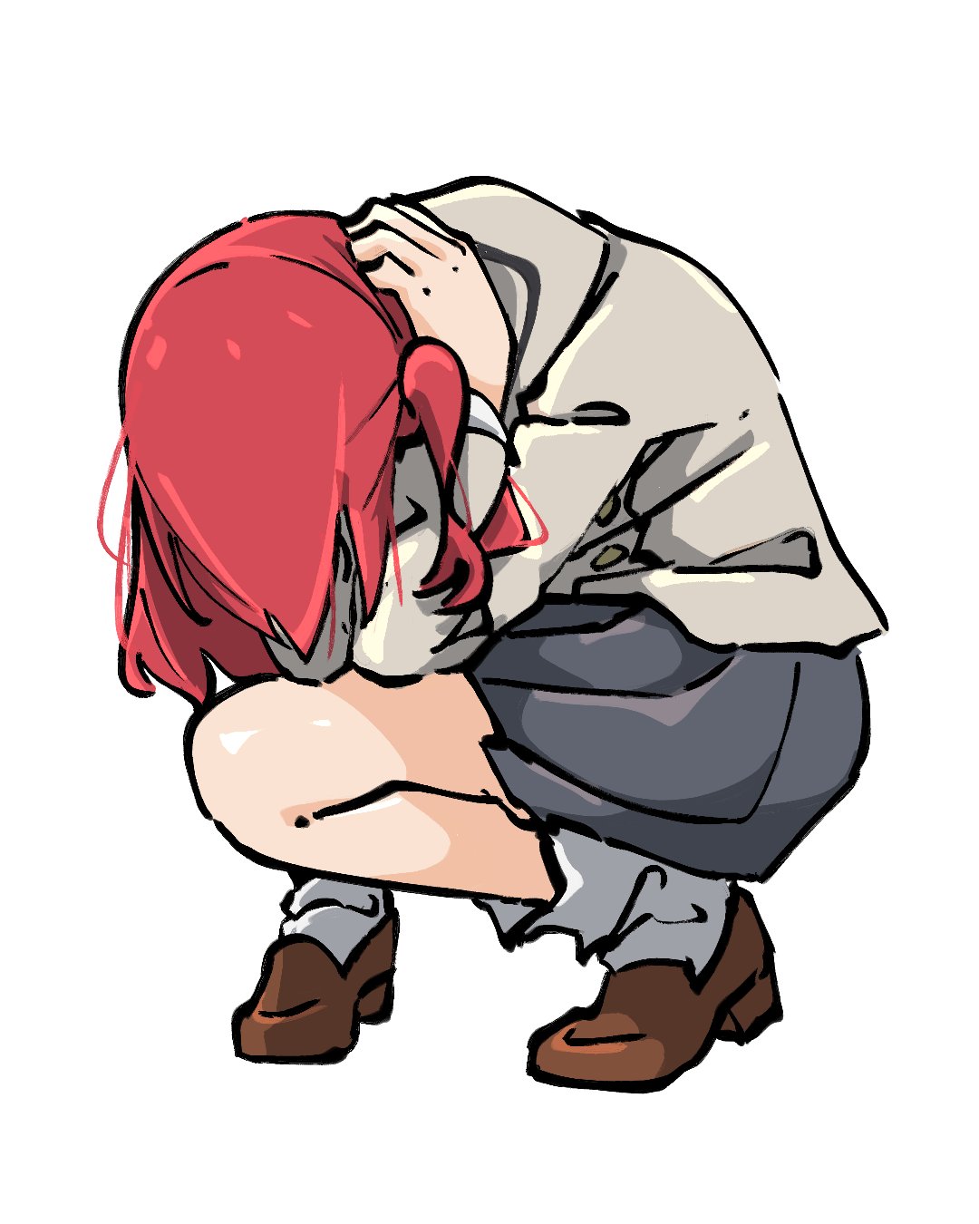 1girl, bocchi_the_rock!, brown_footwear, grey_skirt, hands_on_own_head, highres, kita_ikuyo, lmaoartlmao