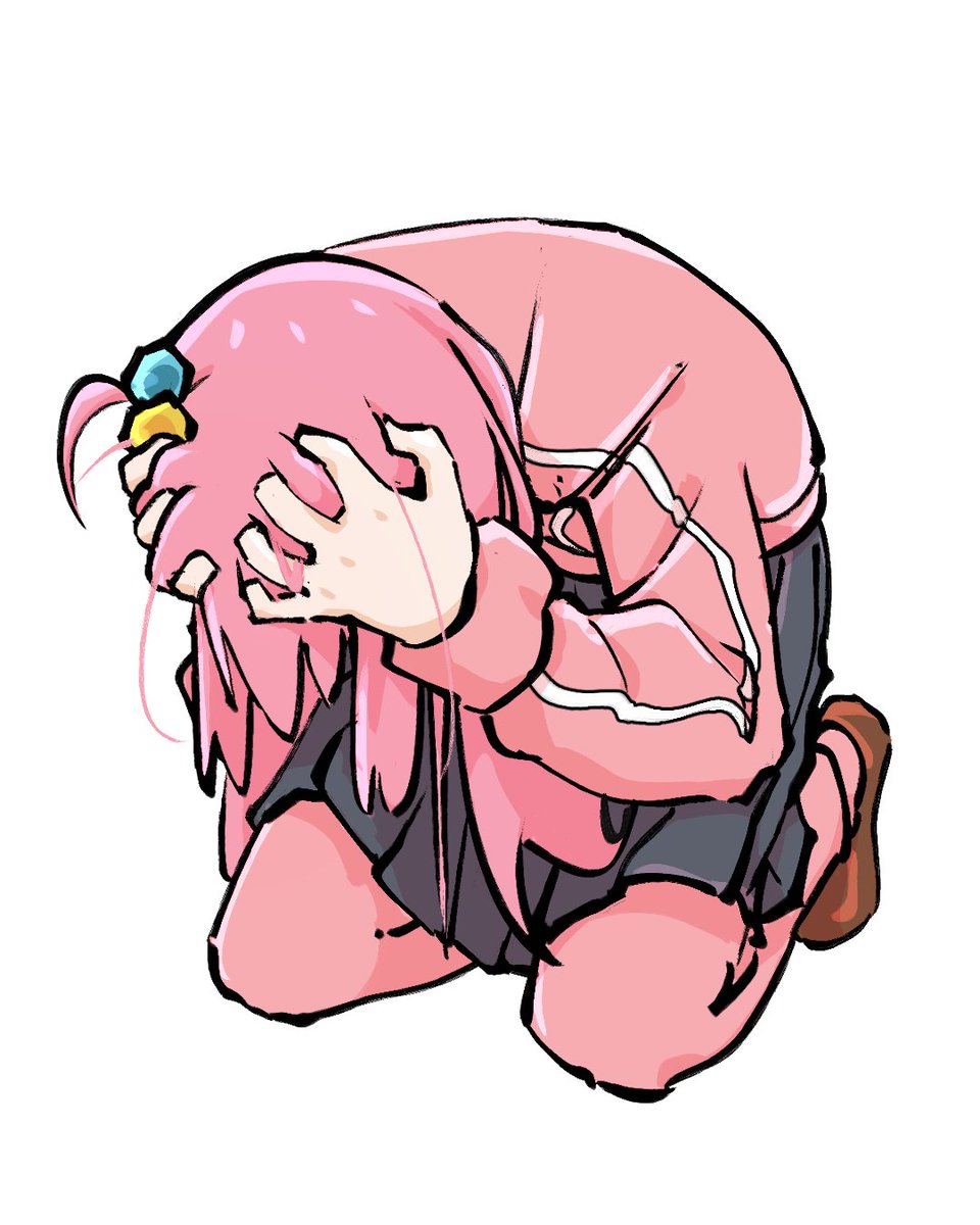 1girl, bocchi_the_rock!, brown_footwear, gotoh_hitori, grey_skirt, hair_ornament, hands_on_own_head, highres, jacket, kneeling, lmaoartlmao, long_hair, long_sleeves, pink_hair, pink_jacket, pleated_skirt, simple_background, skirt, solo, white_background