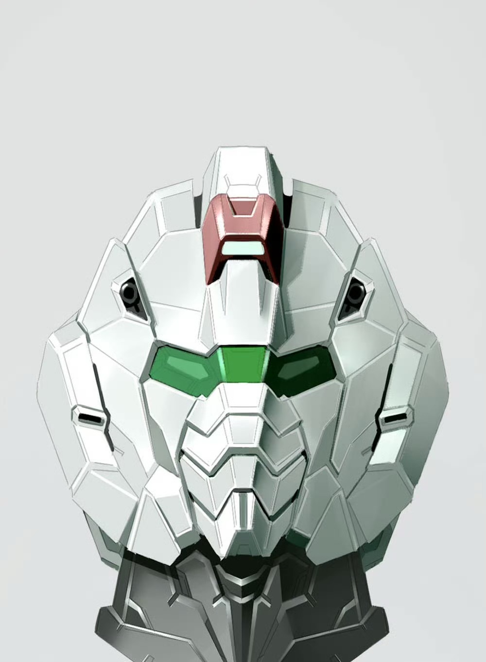 assault_visor, commentary_request, gm_(mobile_suit), green_eyes, grey_background, gundam, head_only, highres