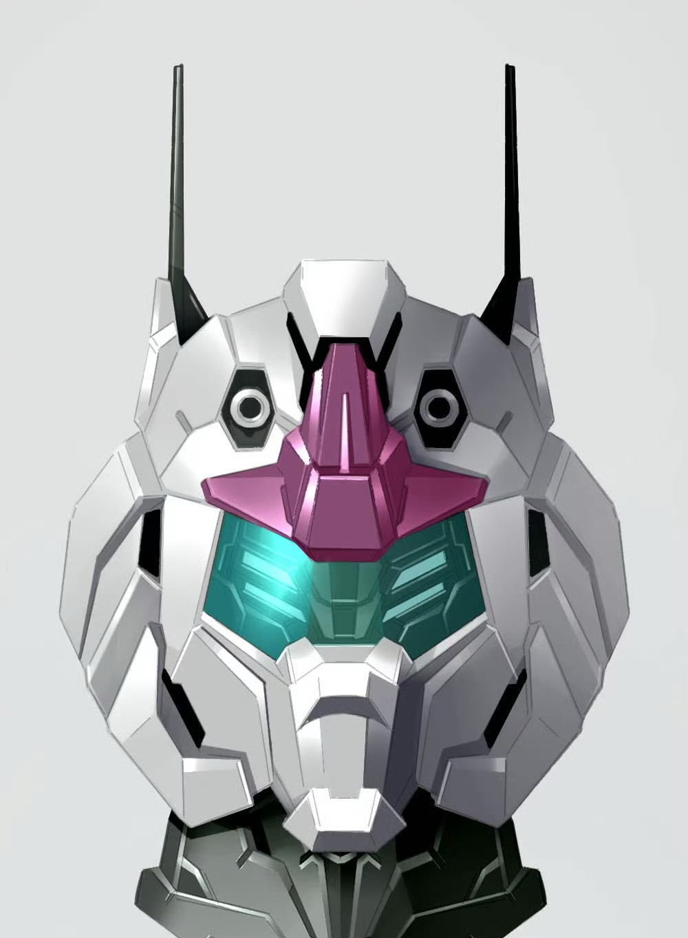 assault_visor, blue_eyes, commentary_request, extra_eyes, grey_background, guncannon, gundam, head_only