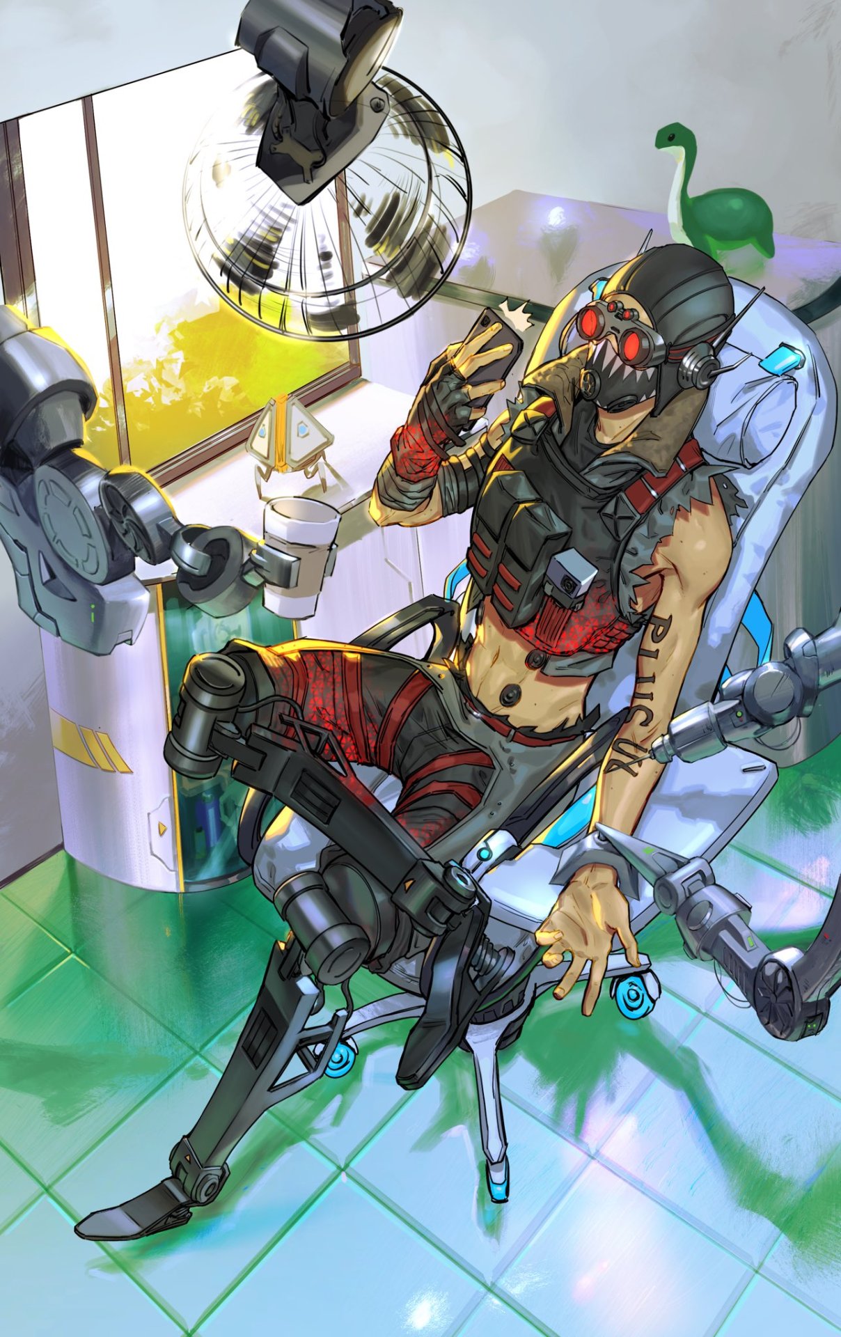 1boy, apex_legends, arm_tattoo, aviator_cap, black_gloves, black_hat, black_shorts, cellphone