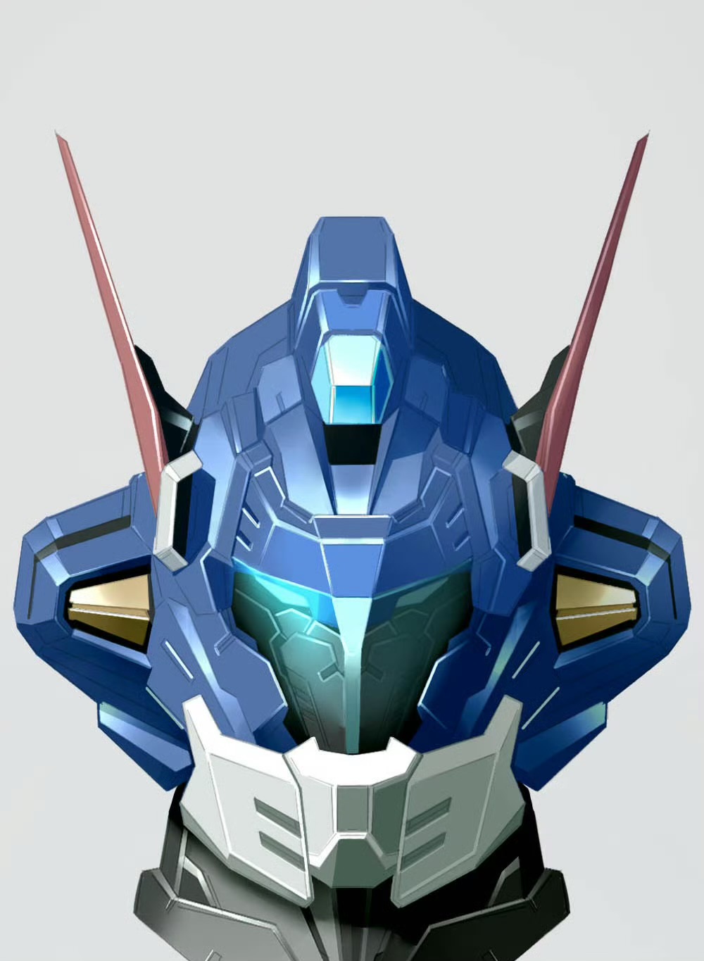 assault_visor, blue_eyes, commentary_request, grey_background, gundam, guntank, head_only, highres