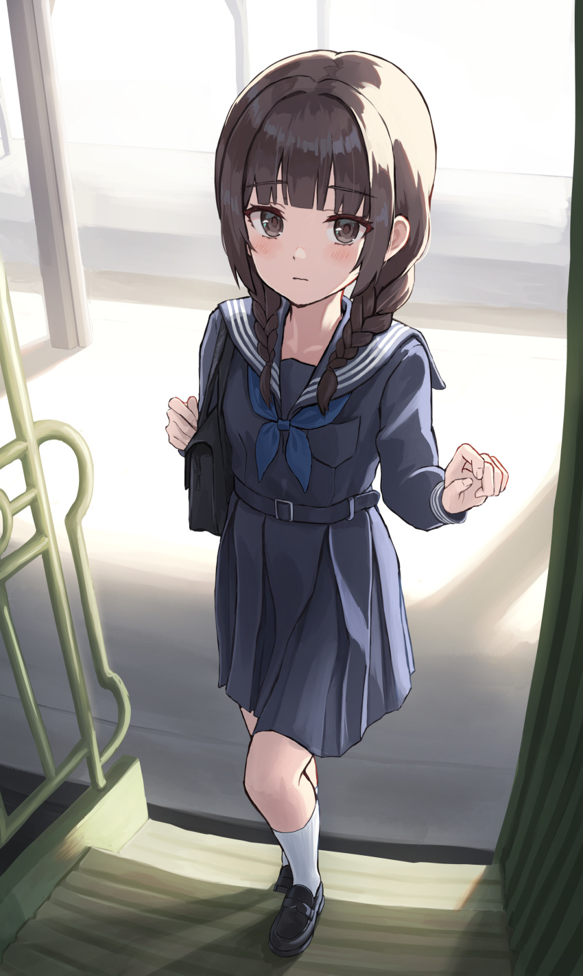 1girl, absurdres, bag, belt, braid, breast_pocket, brown_eyes, brown_hair