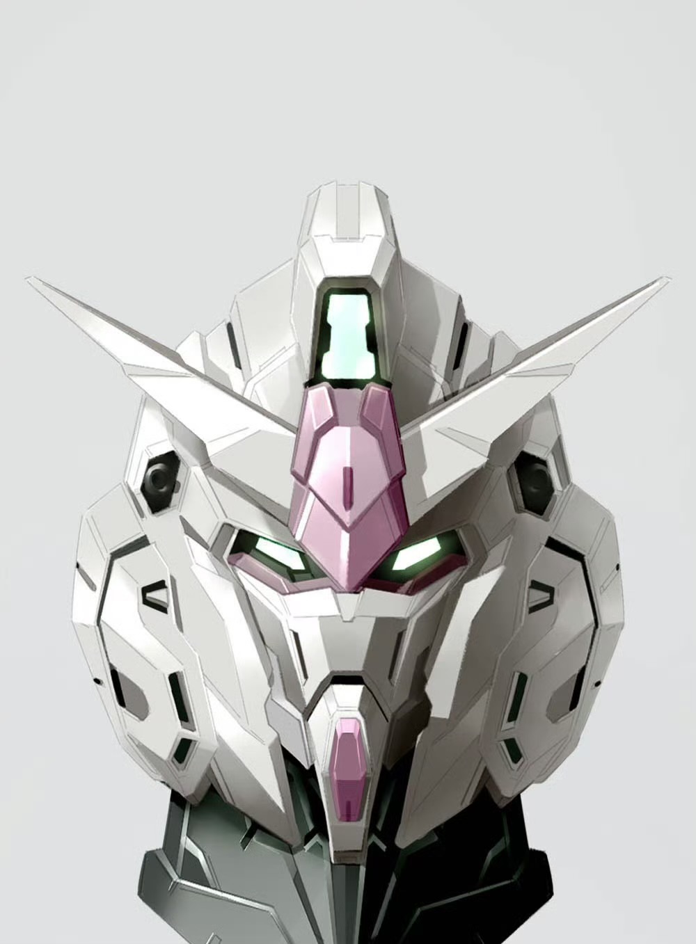 commentary_request, glowing, glowing_eyes, green_eyes, grey_background, gundam, head_only, highres