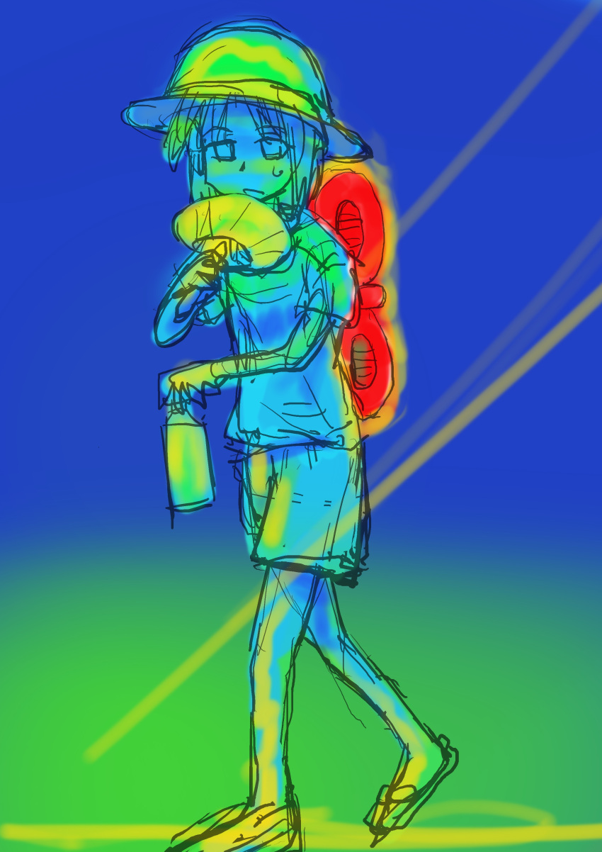 1girl, absurdres, fukuokasaga, hand_fan, hat, highres, holding, holding_fan, nichijou, shinonome_nano, shirt, short_hair, short_sleeves, shorts, solo, sweatdrop, thermogram, winding_key