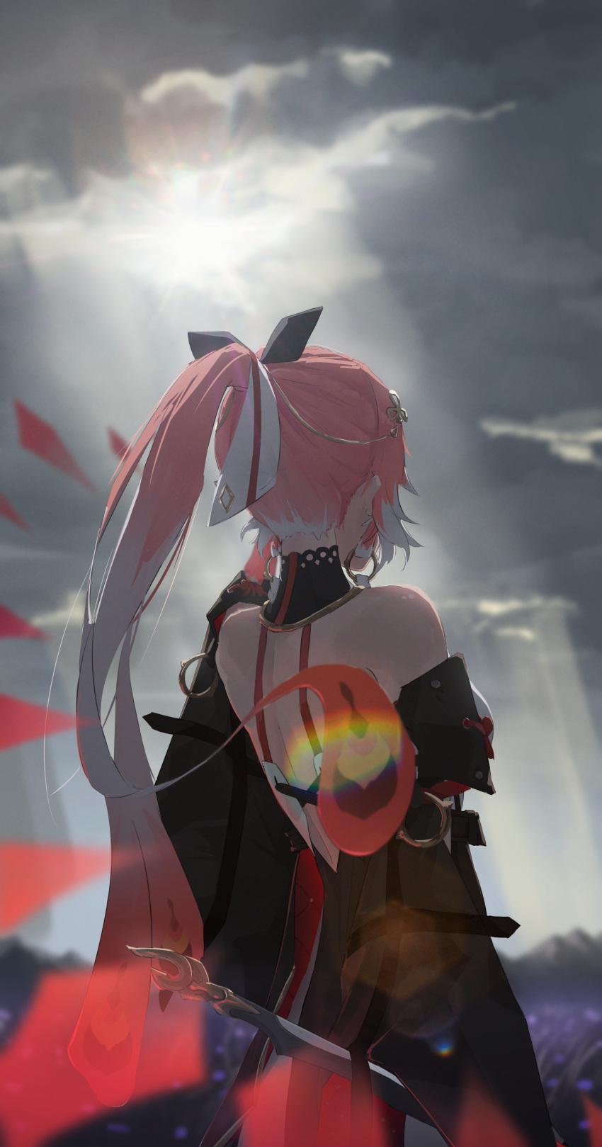 1girl, absurdres, bare_shoulders, black_bow, black_coat, black_collar, blurry, blurry_background