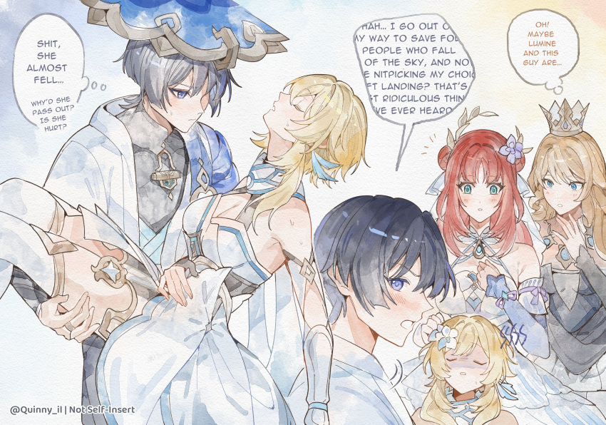 1boy, 3girls, black_hair, blonde_hair, carrying, closed_eyes, closed_mouth, couple