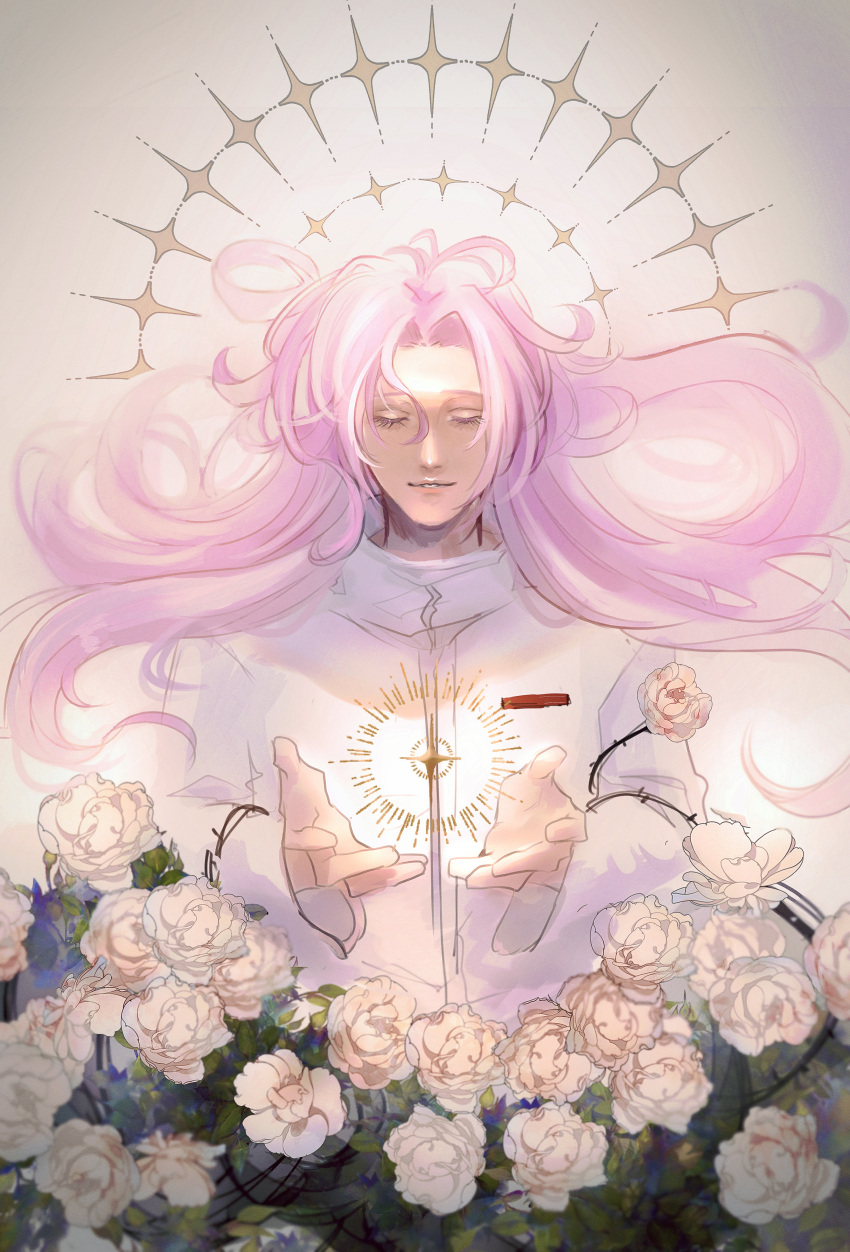 1boy, absurdres, closed_eyes, commentary, english_commentary, facing_viewer, floating_hair, flower