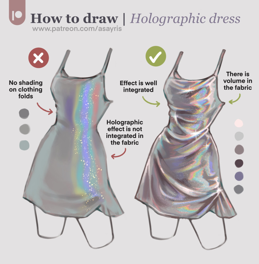 1girl, arrow_(symbol), asayris_art, breasts, color_guide, cowboy_shot, dress, english_commentary