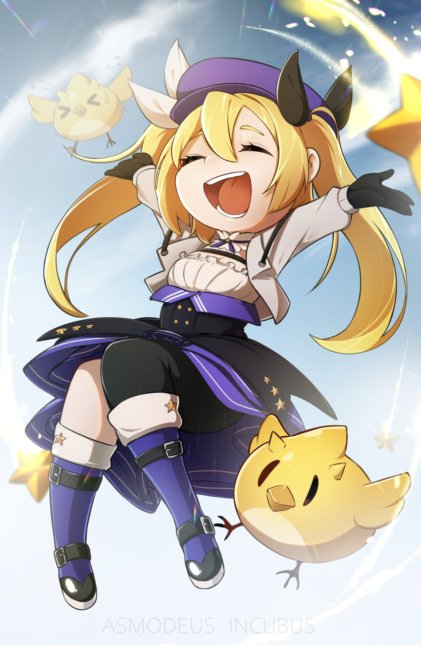 >_<, 1girl, absurdres, artist_name, asmodeusincubus, black_gloves, blonde_hair, blue_dress