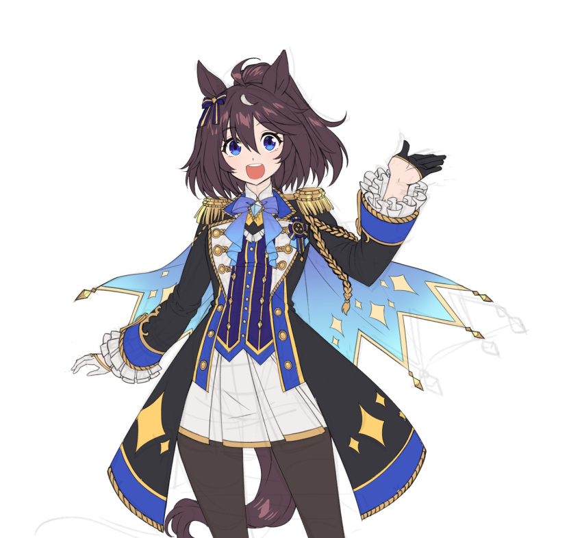1girl, afterimage, aiguillette, animal_ears, black_coat, black_gloves, blue_bow, blue_bowtie, blue_cape, blue_eyes, bow, bowtie, brown_hair, brown_pantyhose, cape, coat, commentary, cowboy_shot, deep_impact_(racehorse), ear_bow, epaulettes, frilled_sleeves, frills, fukuro_(maruaru00), genderswap, genderswap_(mtf), gloves, gold_trim, half_gloves, highres, horse_ears, horse_girl, horse_tail, light_brown_hair, long_sleeves, looking_at_viewer, medal, multicolored_hair, open_clothes, open_coat, original, pantyhose, personification, ponytail, short_hair, solo, tail, teeth, two-tone_hair, umamusume, upper_teeth_only, white_background, white_gloves