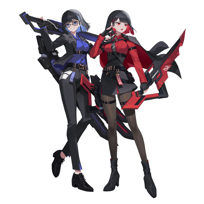 2girls, belt, black_footwear, black_hair, black_jacket, black_pantyhose, black_survival, blue_eyes, blue_hair, blue_shirt, breasts, collared_shirt, colored_inner_hair, debi_(black_survival), earpiece, eternal_return:_black_survival, fingerless_gloves, glasses, gloves, gold_trim, greatsword, grin, hand_up, highres, holding, holding_sword, holding_weapon, jacket, jacket_on_shoulders, marlene, medium_breasts, multicolored_hair, multiple_belts, multiple_girls, name_tag, necktie, official_alternate_costume, official_art, open_clothes, open_jacket, open_mouth, pants, pantyhose, pouch, red_eyes, red_shirt, redhead, scabbard, sheath, shirt, shoes, short_sword, siblings, simple_background, skirt, smile, sunglasses, sword, thigh_strap, transparent_background, twins, two-tone_hair, weapon, white_background