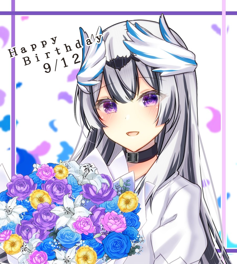 1girl, black_choker, black_hair, blue_flower, bouquet, choker, dated, feather_hair_ornament