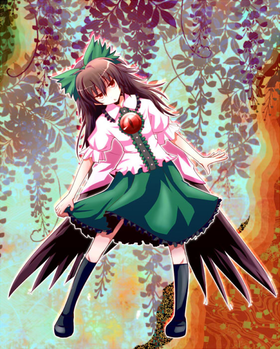 black_hair, black_legwear, black_socks, bow, footwear, hair_bow, head_tilt, leaf