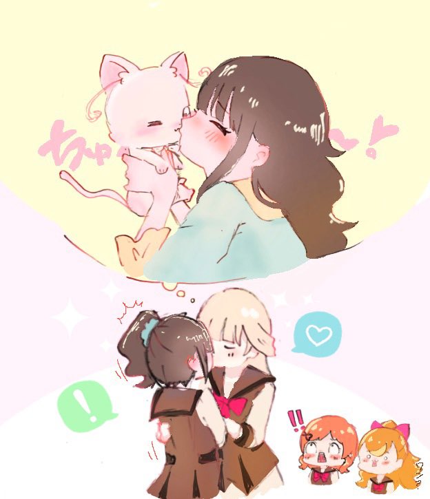 !, !!, 4girls, blonde_hair, blush, bow, brown_hair, cat, chibi, closed_eyes, hair_bow, heart, huu_san1, imagining, inukai_iroha, inukai_komugi, kiss, long_hair, multiple_girls, nekoyashiki_mayu, nekoyashiki_yuki, orange_hair, precure, school_uniform, scrunchie, side_ponytail, simple_background, spoken_exclamation_mark, spoken_heart, wonderful_precure!, yuri
